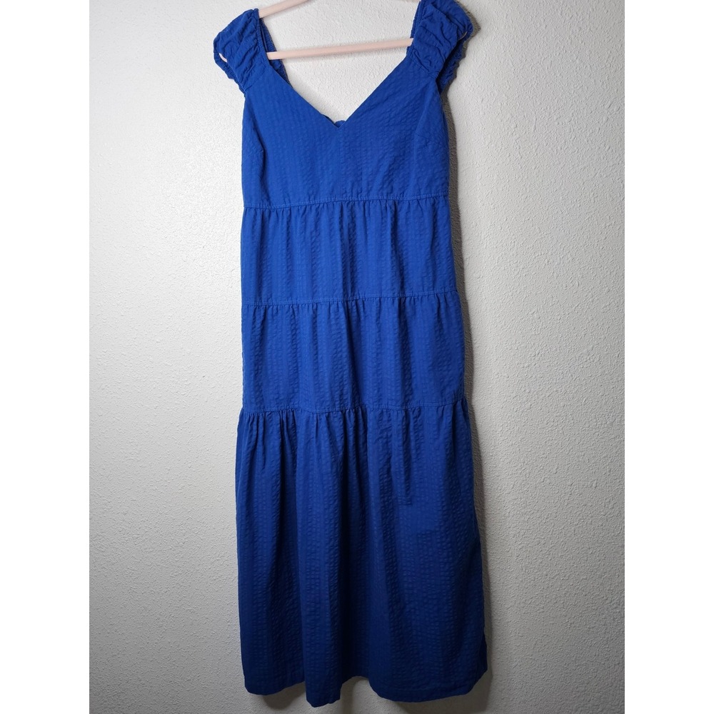 Old Navy Royal Blue Seersucker Tiered Maxi Dress Smocked Pockets M Tall Cottage